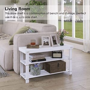 SMIBUY Bamboo Shoe Rack Bench, 3-Tier Shoe Organizer Storage Shelf for Entryway Hallway Bathroom Living Room (White)