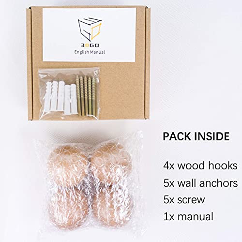 30GO Wood Wall Hooks, Wall Mounted Hook(Pack of 4), Modern Wood Coat Rack, Decorative Wooden Pegs for Hanging Hat, Towel, Key or Purse