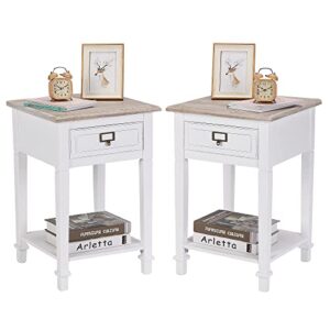 wnutrees rustic farmhouse accent end table, nightstand side tables with drawers and open storage shelf for living room bedroom, wooden top, handcrafted finish, set of 2