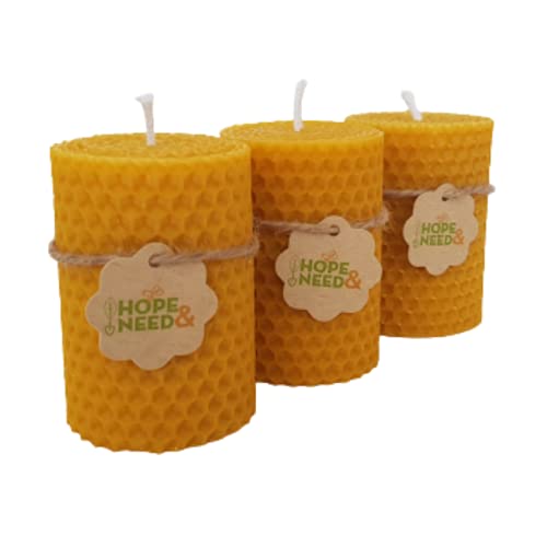 Hope&Need Beeswax Pillar Candles- 3 Pieces (2.8 inches x 2 inches) 0 Pure Bees Wax Candles for Home Decoration, Healthy and Natural Honeycomb, Hand-Rolled Beeswax Candle, No Chemicals, No Additives