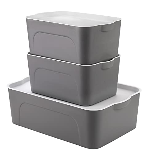 Peohud Set of 3 Lidded Storage Bins, Stackable Storage Containers for Organizing, Plastic Organizer Box for Home RV Classroom Office