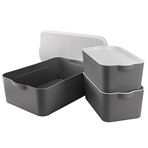 Peohud Set of 3 Lidded Storage Bins, Stackable Storage Containers for Organizing, Plastic Organizer Box for Home RV Classroom Office
