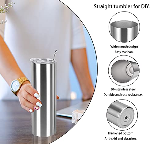 20 Oz Straight Skinny Tumbler Set, Stainless Steel Slim Skinny Travel Tumbler Bulk, Birthday Diy Gift For Women Friends Sisters, 4 Pack, Silver