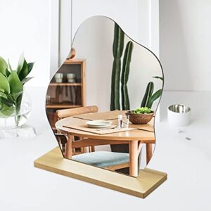 irregular aesthetic mirror frameless funky makeup mirror decorative desk tabletop wavy mirror with wooden stand for living room bedroom and minimal spaces home decor (cloud shape)