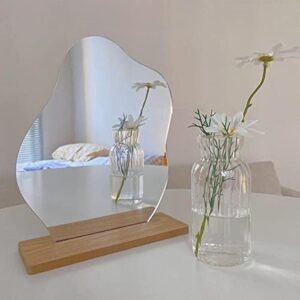 Irregular Aesthetic Mirror Frameless Funky Makeup Mirror Decorative Desk Tabletop Wavy Mirror with Wooden Stand for Living Room Bedroom and Minimal Spaces Home Decor (Cloud Shape)