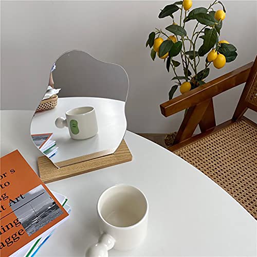 Irregular Aesthetic Mirror Frameless Funky Makeup Mirror Decorative Desk Tabletop Wavy Mirror with Wooden Stand for Living Room Bedroom and Minimal Spaces Home Decor (Cloud Shape)