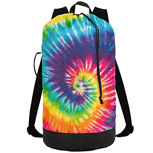 Tie Dye Rainbow Laundry Bag Travel Laundry Backpack with Adjustable Strap Washable Heavy Duty Large Clothes Shoulder Bag for College Dorm