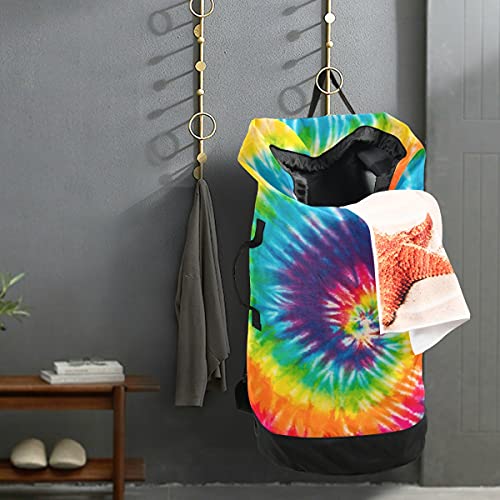 Tie Dye Rainbow Laundry Bag Travel Laundry Backpack with Adjustable Strap Washable Heavy Duty Large Clothes Shoulder Bag for College Dorm