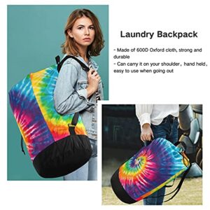 Tie Dye Rainbow Laundry Bag Travel Laundry Backpack with Adjustable Strap Washable Heavy Duty Large Clothes Shoulder Bag for College Dorm