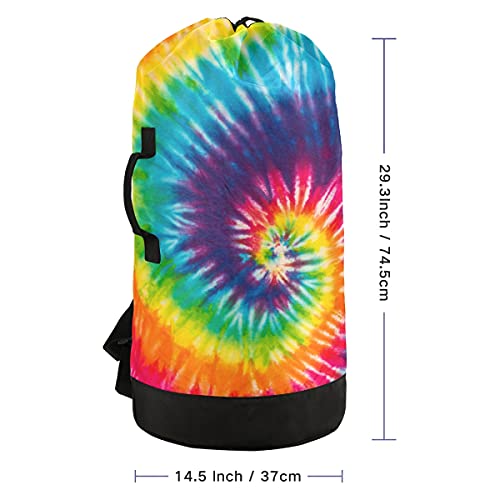 Tie Dye Rainbow Laundry Bag Travel Laundry Backpack with Adjustable Strap Washable Heavy Duty Large Clothes Shoulder Bag for College Dorm