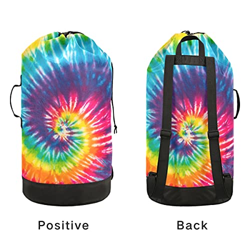 Tie Dye Rainbow Laundry Bag Travel Laundry Backpack with Adjustable Strap Washable Heavy Duty Large Clothes Shoulder Bag for College Dorm