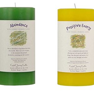 Crystal Journey Reiki Charged Herbal Pillar Candle with Inspirational Labels - Bundle of 2 (Abundance, Positive Energy) Each 6"x3" Handcrafted with Lead-Free Materials