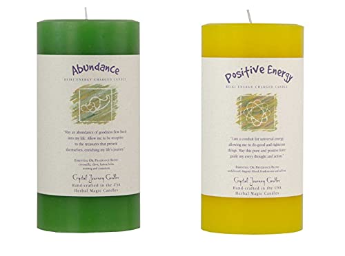 Crystal Journey Reiki Charged Herbal Pillar Candle with Inspirational Labels - Bundle of 2 (Abundance, Positive Energy) Each 6"x3" Handcrafted with Lead-Free Materials