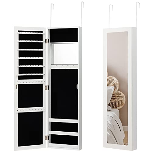 PARANTA Jewelry Armoire with Body Mirror Cabinet Jewelry Earring Storage Organizer Mirror Cabidor Behind Wall Door Storage Mounted Bedroom White 43.31" H x 12.40" W x 3.43" D