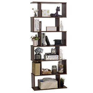 tinytimes 6-tier wooden bookcase, s-shape display shelf and room divider, freestanding decorative storage shelving, 75'' tall bookshelf - walnut