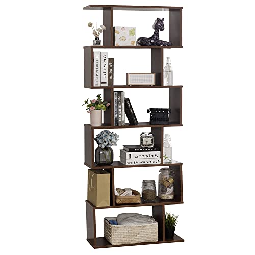 TinyTimes 6-Tier Wooden Bookcase, S-Shape Display Shelf and Room Divider, Freestanding Decorative Storage Shelving, 75'' Tall Bookshelf - Walnut