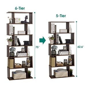 TinyTimes 6-Tier Wooden Bookcase, S-Shape Display Shelf and Room Divider, Freestanding Decorative Storage Shelving, 75'' Tall Bookshelf - Walnut