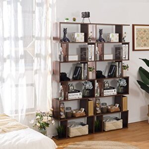 TinyTimes 6-Tier Wooden Bookcase, S-Shape Display Shelf and Room Divider, Freestanding Decorative Storage Shelving, 75'' Tall Bookshelf - Walnut