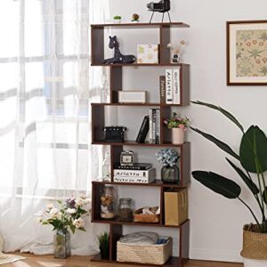 TinyTimes 6-Tier Wooden Bookcase, S-Shape Display Shelf and Room Divider, Freestanding Decorative Storage Shelving, 75'' Tall Bookshelf - Walnut