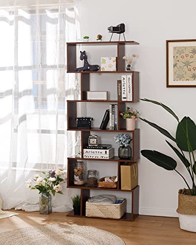 TinyTimes 6-Tier Wooden Bookcase, S-Shape Display Shelf and Room Divider, Freestanding Decorative Storage Shelving, 75'' Tall Bookshelf - Walnut