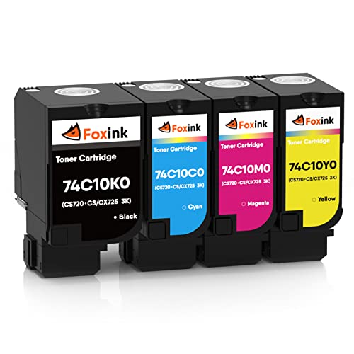 FOXINK Compatible with Lexmark CS720 CS720de CS720dte CS725 CS725de CS725dte CX725 CX725de CX725dte Toner Cartridge 3,000 Pages 74C10K0 74C10C0 74C10M0 74C10Y0 (4 Pack)