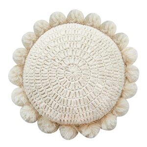 boho round throw pillow with cute handmade pom poms tassels 18 inch, decorative circular knitted crochet cushion for couch, sofa, chair, bed, beige
