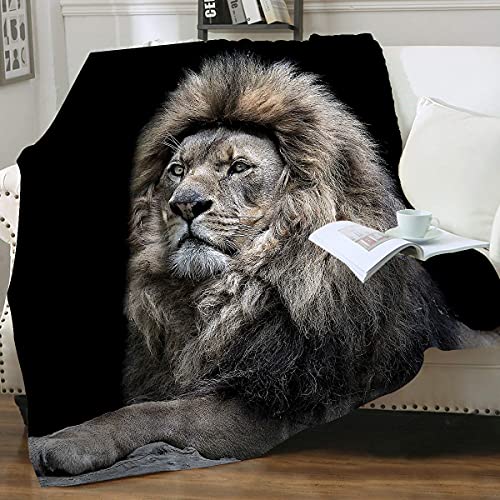 KYKU Lion Blankets for Adults Animal Throw Blanket for Kids Face Black Fleece Home Decorative Living Room Sofa Hug Nap Travel Car Soft Warm Cozy 3D Printed Design Gifts (Black, 60" × 80")