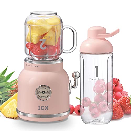 Smoothie Blender, ICX Personal Blender for Shakes and Smoothies, Retro Smoothie Maker Portable Blender with 6 Sharp Blades, 21oz Travel Cup and Lids Pink