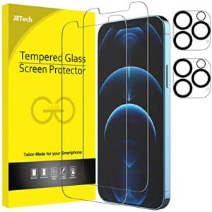 jetech screen protector for iphone 12 pro max 6.7-inch with camera lens protector, tempered glass film, 2-pack each