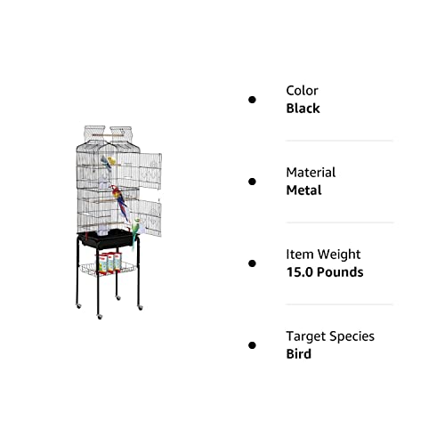 HCY Bird Cage Parakeet 64 inch Open Top Standing Parrot Accessories with Rolling Stand for Medium Small Cockatiel Canary Conure Finches Budgie Lovebirds Pet Storage Shelf, Black, 64x13x17 (Pack of 1)