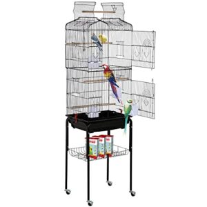 hcy bird cage parakeet 64 inch open top standing parrot accessories with rolling stand for medium small cockatiel canary conure finches budgie lovebirds pet storage shelf, black, 64x13x17 (pack of 1)