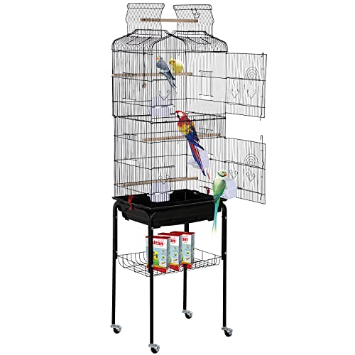 HCY Bird Cage Parakeet 64 inch Open Top Standing Parrot Accessories with Rolling Stand for Medium Small Cockatiel Canary Conure Finches Budgie Lovebirds Pet Storage Shelf, Black, 64x13x17 (Pack of 1)