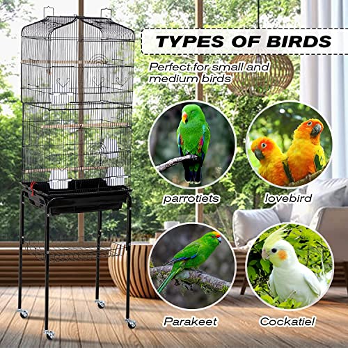 HCY Bird Cage Parakeet 64 inch Open Top Standing Parrot Accessories with Rolling Stand for Medium Small Cockatiel Canary Conure Finches Budgie Lovebirds Pet Storage Shelf, Black, 64x13x17 (Pack of 1)