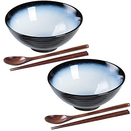 HOKELER Ceramic Japanese Ramen Bowl Set, 2 Sets 8 inch 40 Ounce Asian Pho Udon Noodle Bowls with Spoons and Chopsticks (Black/Blue)