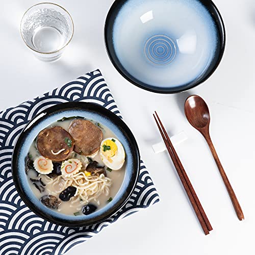 HOKELER Ceramic Japanese Ramen Bowl Set, 2 Sets 8 inch 40 Ounce Asian Pho Udon Noodle Bowls with Spoons and Chopsticks (Black/Blue)