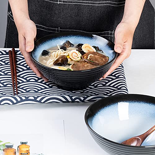 HOKELER Ceramic Japanese Ramen Bowl Set, 2 Sets 8 inch 40 Ounce Asian Pho Udon Noodle Bowls with Spoons and Chopsticks (Black/Blue)