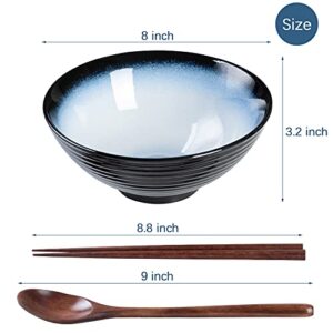 HOKELER Ceramic Japanese Ramen Bowl Set, 2 Sets 8 inch 40 Ounce Asian Pho Udon Noodle Bowls with Spoons and Chopsticks (Black/Blue)