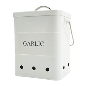 garlic container with lid and handle, sealed food storage bin for kitchen, vegetable fresh keeper with aerating tin storage holes (white)