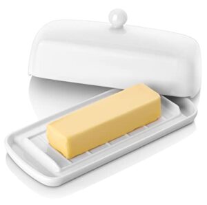 nucookery porcelain butter dish - clean table design - ceramic butter dishes with lid for countertop with raised non-slip strip - holds 1 standard butter stick - easy to clean & dishwasher safe. white