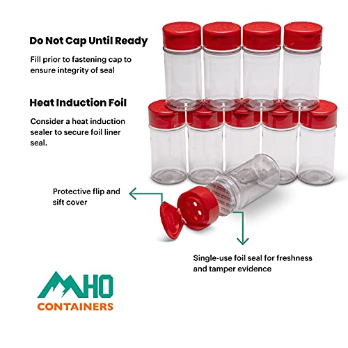 MHO Containers | 3.5oz Plastic Spice Jars with Lids and Foil Liners | Made in USA — Pack of 10 (Red)