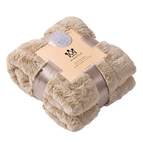 Kingole Faux Rabbit Fur Luxury Throw Blanket, Cozy Couch Sofa Bed Super Soft and Warm Plush Microfiber 350GSM, 50 x 60 Inch, Beige