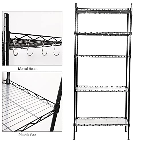 5-Shelf Adjustable Wire Shelving Unit, Pantry Shelves Metal Storage Racks Utility Racks, Height Household Type Heavy Duty Storage Shelving for Kitchen, Bedroom, Bathroom and Garage, Black (5-tier)