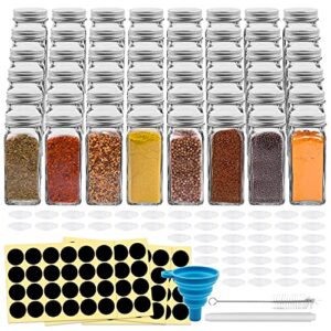 48 pcs glass spice jars bottles, cookmaster 4oz empty square spice containers with 96 black labels - shaker lids and silver metal caps - 1 pcs silicone collapsible funnel and 1pcs brush included