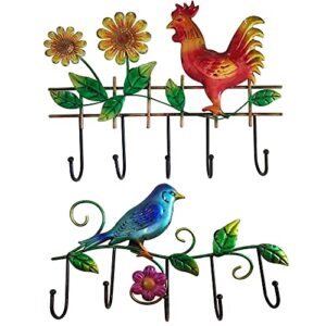 jfrising rooster & bird wall hooks hanging plaque sculpture, sturdy indoor outdoor metal wall art decor with life-like flower for coat keys apron towel hook, easy to install 2 pack