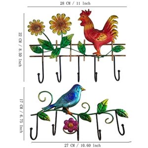 JFRISING Rooster & Bird Wall Hooks Hanging Plaque Sculpture, Sturdy Indoor Outdoor Metal Wall Art Decor with Life-Like Flower for Coat Keys Apron Towel Hook, Easy to Install 2 Pack