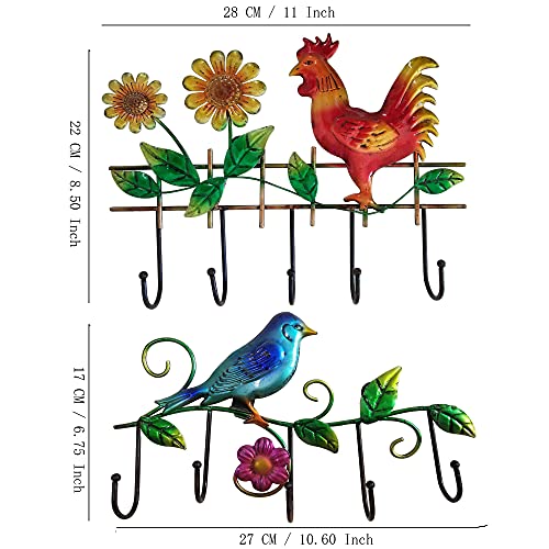 JFRISING Rooster & Bird Wall Hooks Hanging Plaque Sculpture, Sturdy Indoor Outdoor Metal Wall Art Decor with Life-Like Flower for Coat Keys Apron Towel Hook, Easy to Install 2 Pack