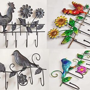 JFRISING Rooster & Bird Wall Hooks Hanging Plaque Sculpture, Sturdy Indoor Outdoor Metal Wall Art Decor with Life-Like Flower for Coat Keys Apron Towel Hook, Easy to Install 2 Pack