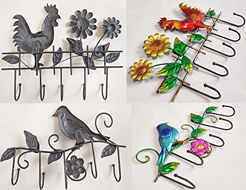 JFRISING Rooster & Bird Wall Hooks Hanging Plaque Sculpture, Sturdy Indoor Outdoor Metal Wall Art Decor with Life-Like Flower for Coat Keys Apron Towel Hook, Easy to Install 2 Pack