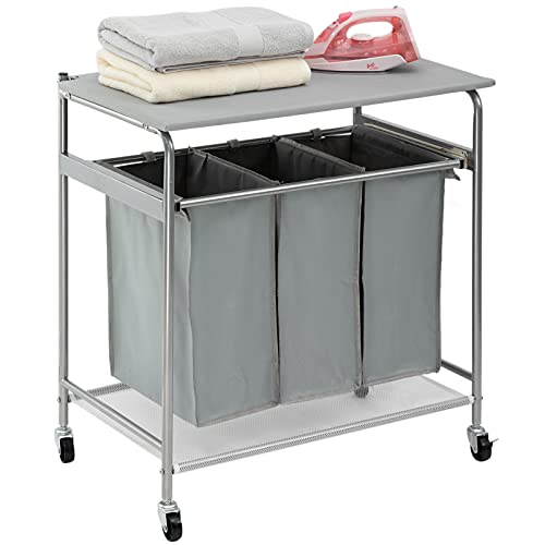 PARANTA Laundry Sorter Cart with Ironing Board Side pull 3-Bag Heavy-Duty 4 Wheels Laundry Hamper Light Grey