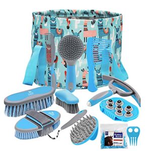 harrison howard horse grooming kit 11-piece equine care series horse brush sets with organizer tote bag tack room supplies shedding grooming massaging tools-light blue